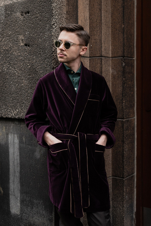 Velvet and Quilted Silk Mens Smoking Jacket Robe