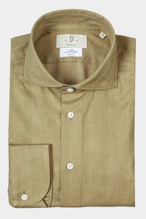 Olive Green Flannel Spread Collar Shirt
