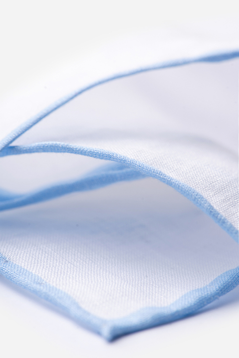 White linen pocket square with the blue border