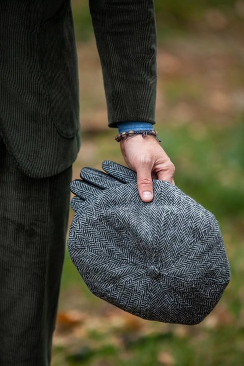 newsboy cap black herringbone by harris tweed