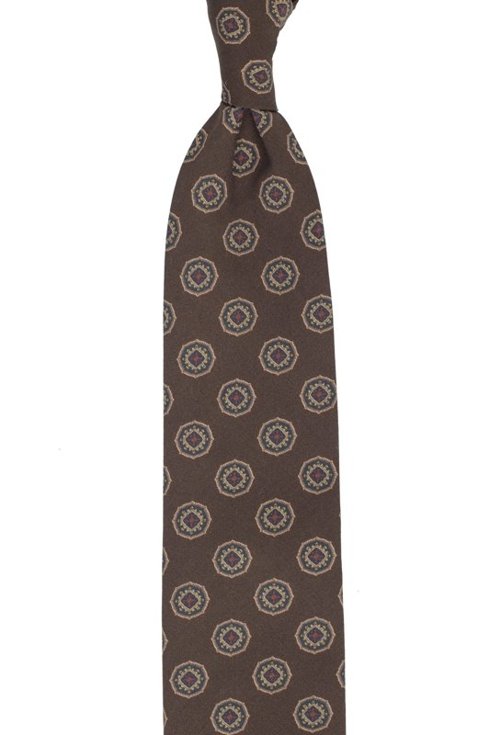 Brązowy krawat w medaliony bez podszewki z wełny drukowanej