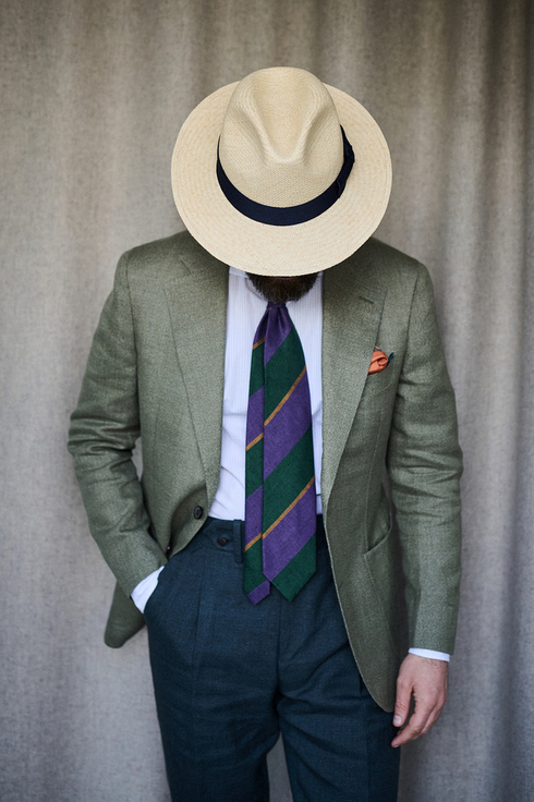 Fioletowo-Zielony Lniany Krawat w Szerokie Pasy