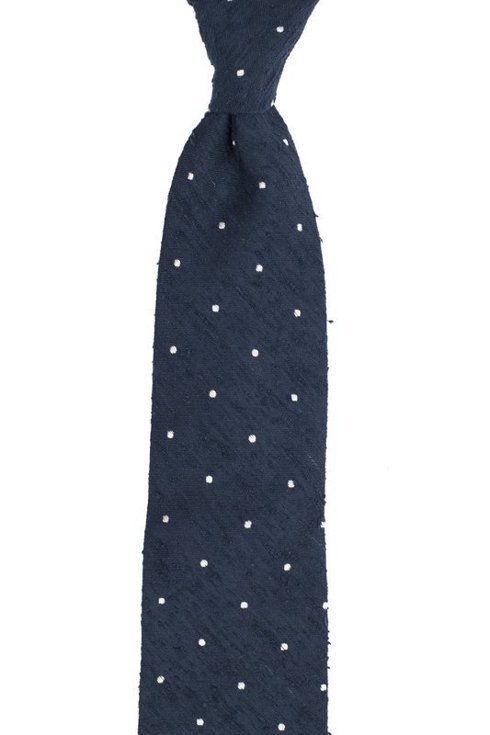 Granatowy krawat w kropki z szantungu bez podszewki