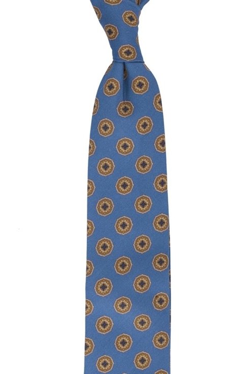 Niebieski krawat w medaliony bez podszewki z wełny drukowanej