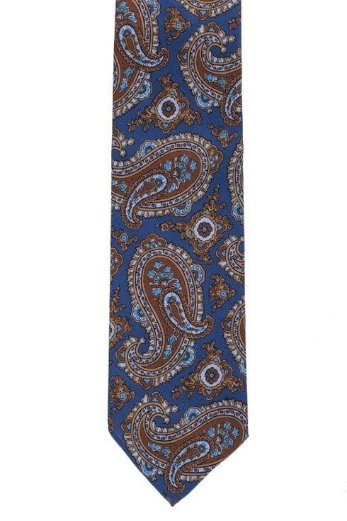 Niebieski paisley krawat bez podszewki z wełny drukowanej